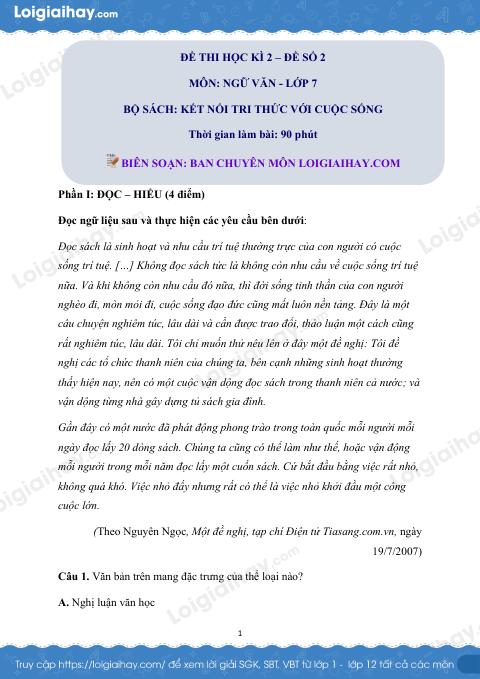 Đề thi học kì 2 Văn 7 Kết nối tri thức - Đề số 2